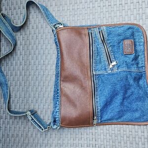 Vintage Faded Glory Blue Denim and Brown Faux Leather Crossbody Bag  15" X 12"